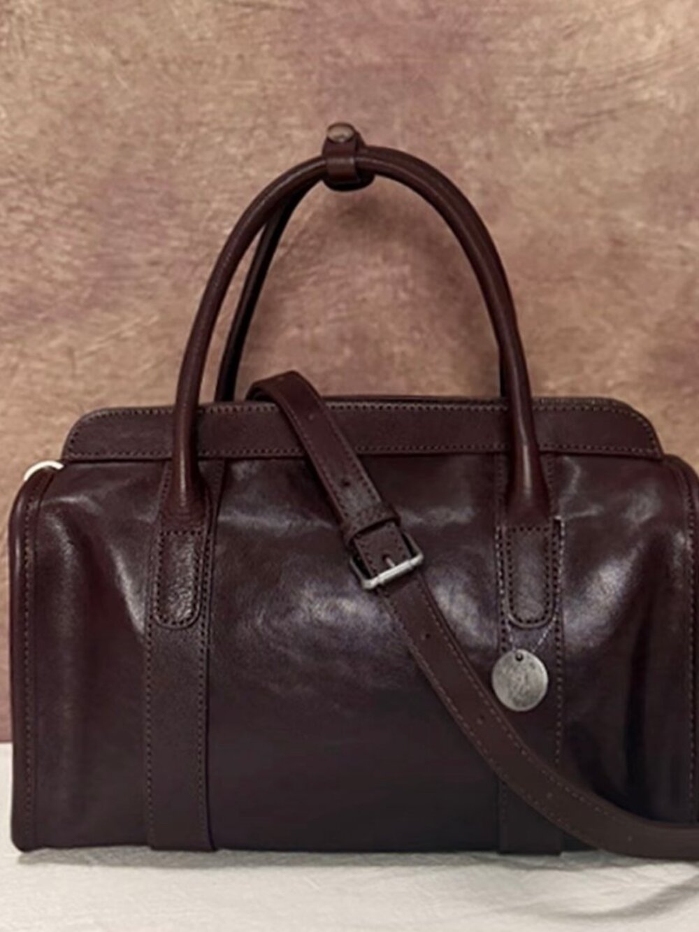 Women's Handmade Dark Brown Vegetable-Tanned Leather Boston Bag – Large Capacity